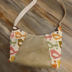 New Birds theme Top handle Shoulder Bag Purse Green Suede Mult Crescent Baguette